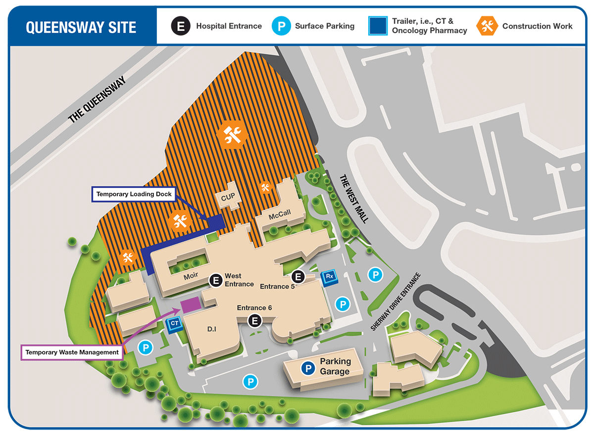 QHC Construction Map: (NEW): Starting with February 27, the existing loading dock is closed, with a temporary one in place until the new patient tower is complete. All hospital traffic, including Shipping and Receiving, is directed through the south signalized intersection.;
At Queensway Health Centre, new parking garage is now open on the south side, accessible from entrance across the Sherway Drive. Sherway Drive is the only Entrance and Exit point for all staff, patients and visitors. North entrance is for construction access only. Starting on March 18, 2024 construction will take place along the West Mall Road. Due to this, the following temporary closures and reductions will occur from March 18 – April 1, 2024: Temporary closure of the West Mall bus stop, and Temporary lane reduction on West Mall Road.